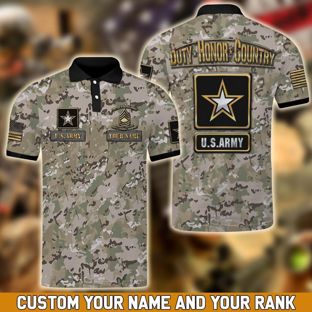 Veteran Polo Shirt, US Army Military Camouflage Polo Shirt Custom Your Name And Rank Shirt