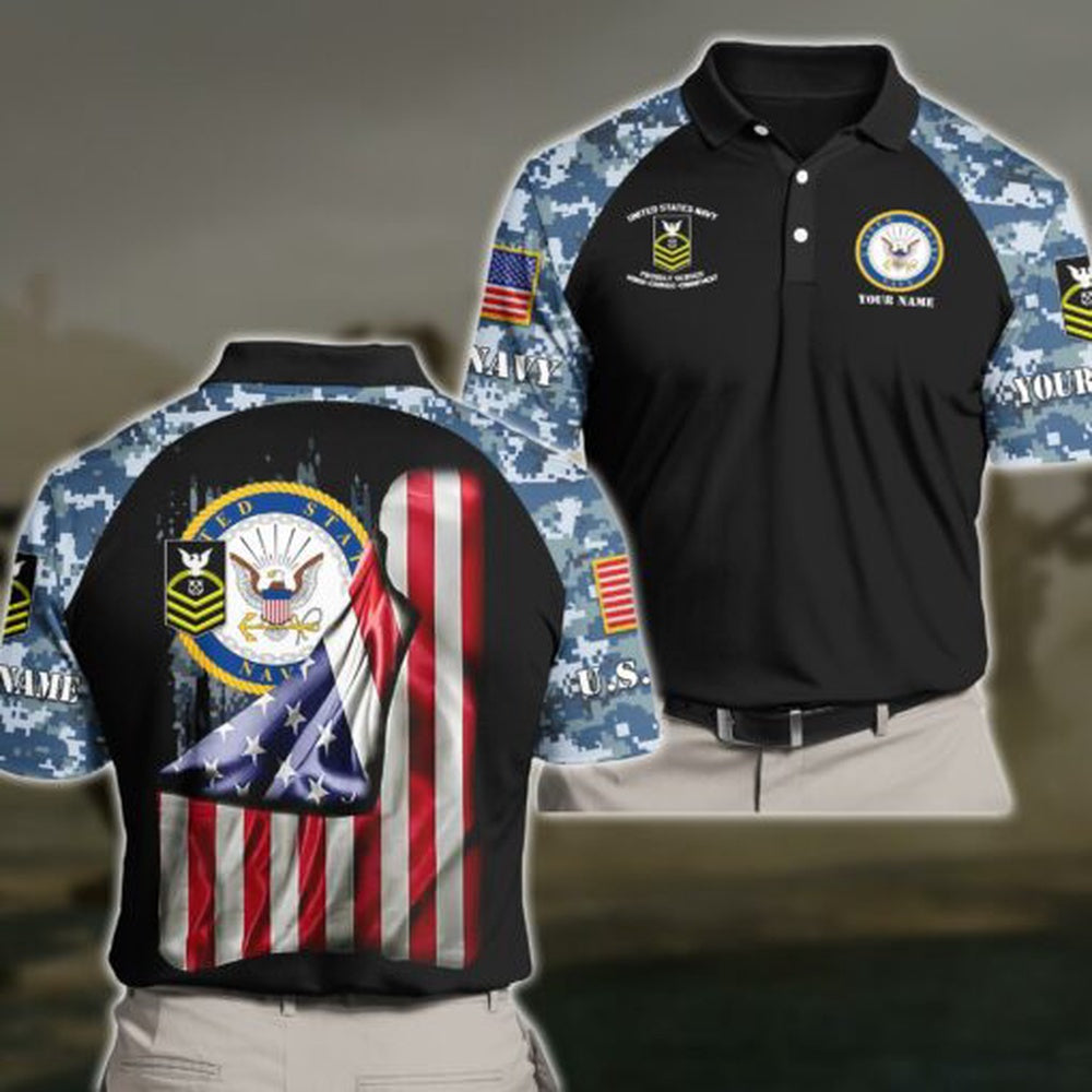 Veteran Polo Shirt, US Navy Personalized Your Name And Rank, US Military Polo Shirt