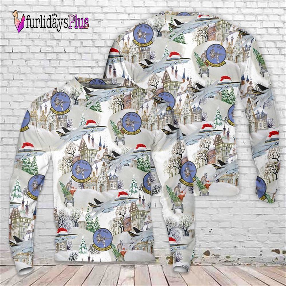 Veteran Sweater, US Navy F 14A Tomcat aircraft of Fighter Squadron 124 (VF 124) Gunfighters Christmas Sweater