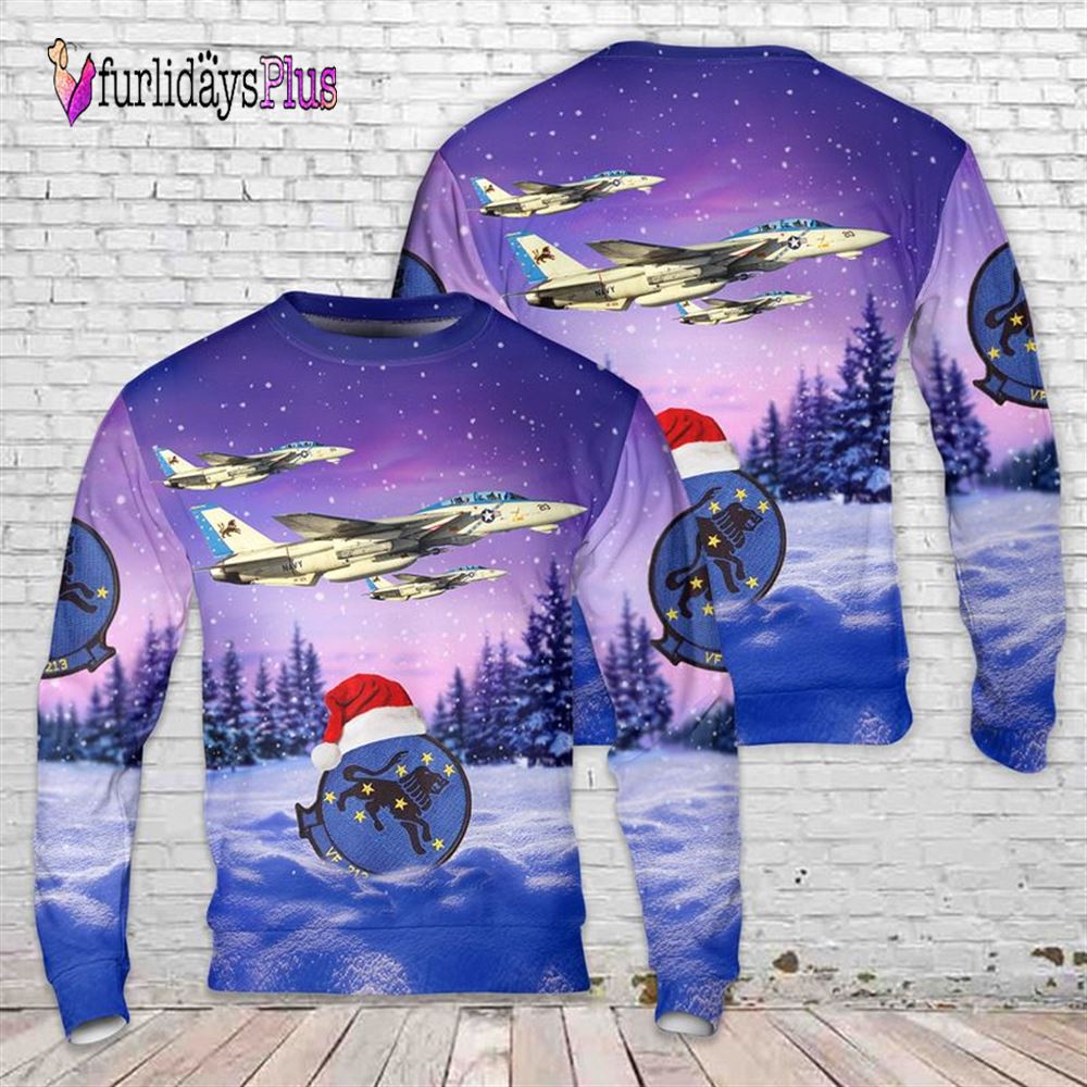 Veteran Sweater, US Navy Fighter Squadron Two One Three (VF 213), F 14D Tomcat Blacklions Christmas Sweater