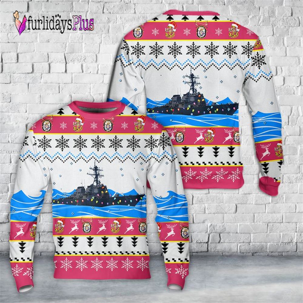 Veteran Sweater, US Navy USS Stethem (DDG 63) Arleigh Burke class destroyer AOP Ugly Sweater Pink