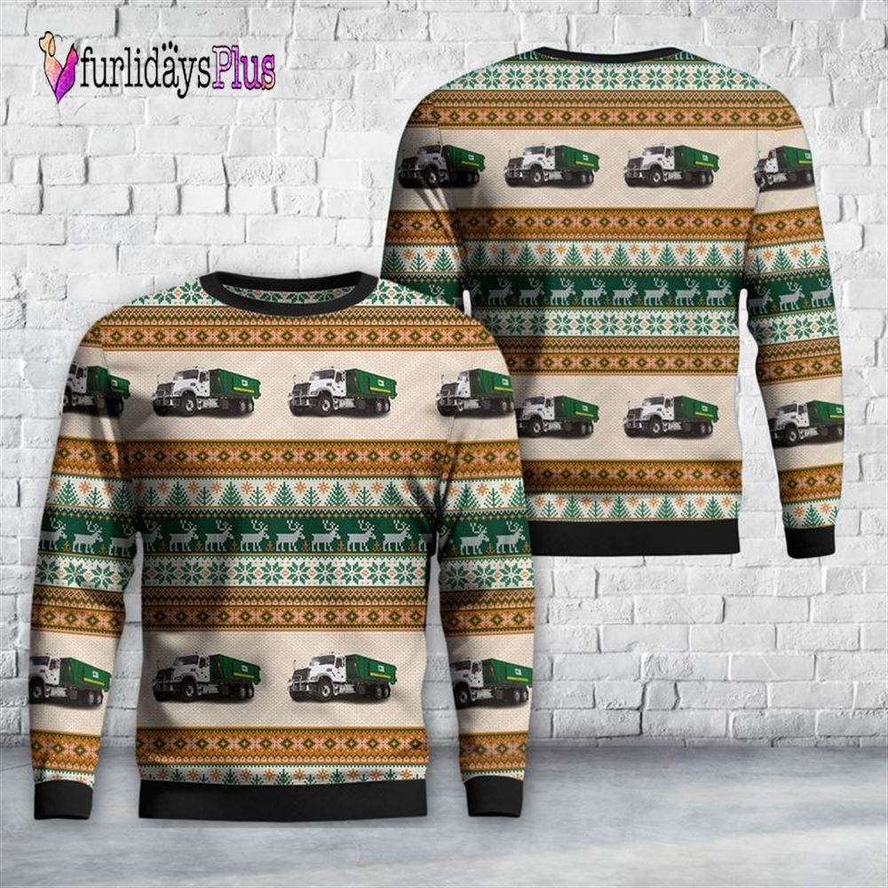 Veteran Sweater, Waste Management Mack Granite MP with Ribbed Roll Off Container and Large Signboard Christmas Sweater