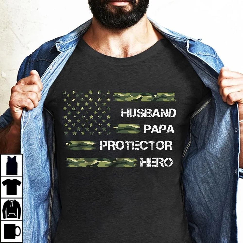 Veteran Tee Shirts, Husband Papa Protector Hero Veteran T-Shirt, Veterans Day Shirts