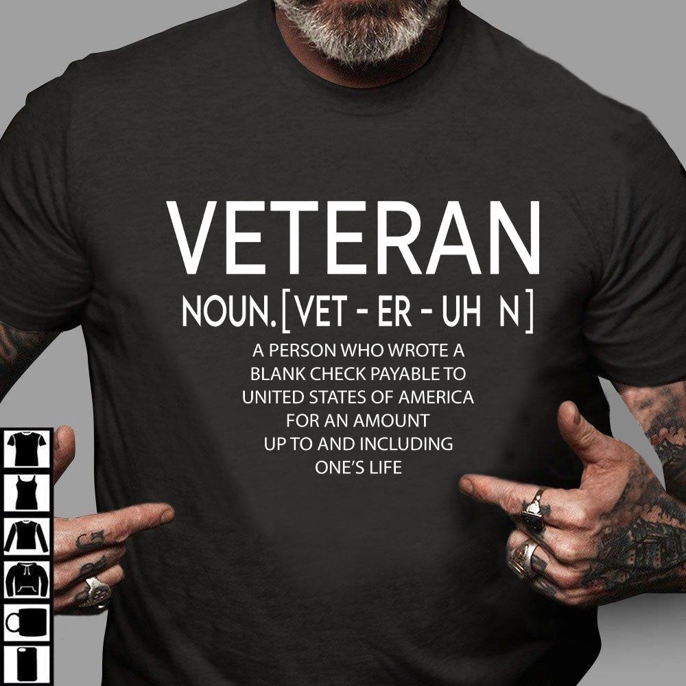 Veteran Tee Shirts, Veteran Noun Shirt Veterans Day Gift Definition Of Veteran Noun Blank Check T-Shirt, Veterans Day Shirts