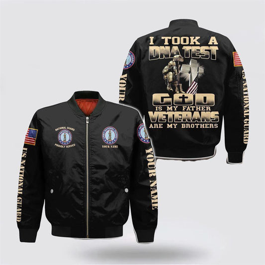 Veterans Bomber Jacket, Custom Name US National Guard Veteran Military God Is My Father Bomber Jacket
