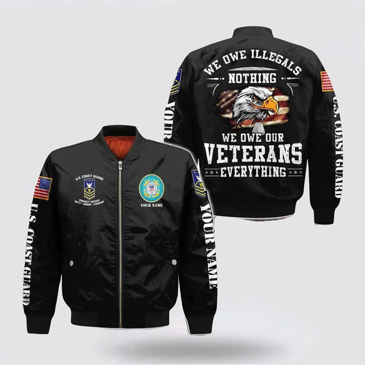 Veterans Bomber Jacket, Personalized Name US Coast Guard Military We Owe Our Veterans Everything Baseball Jacket