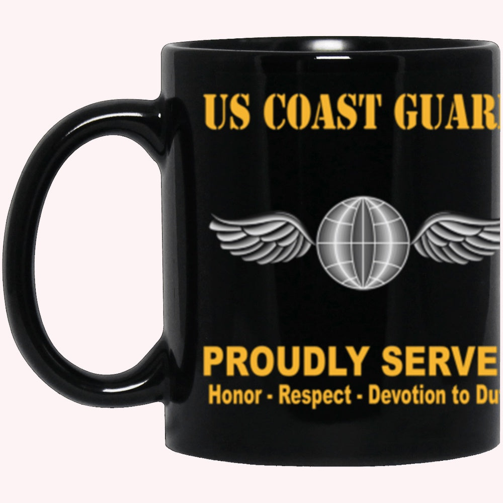 Veterans Mug, USCG Aviation Electronics Mate AE Logo Proudly Served Core Values Black Mug