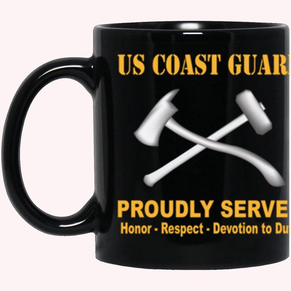 Veterans Mug, USCG Damage Controlman DC Logo Proudly Served Core Values Black Mug