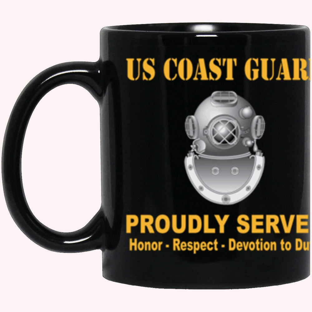 Veterans Mug, USCG Diver ND Logo Proudly Served Core Values Black Mug
