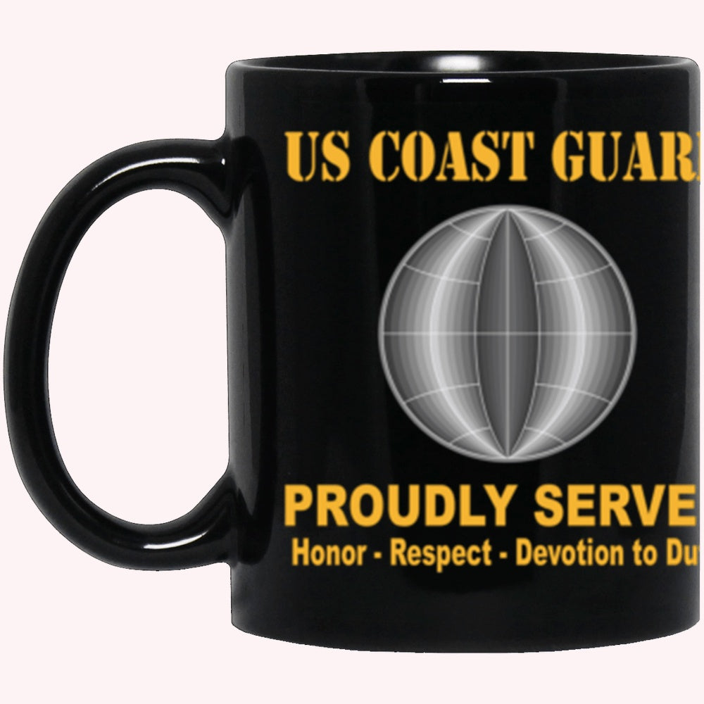 Veterans Mug, USCG Electrician's Mate EM Logo Proudly Served Core Values Black Mug