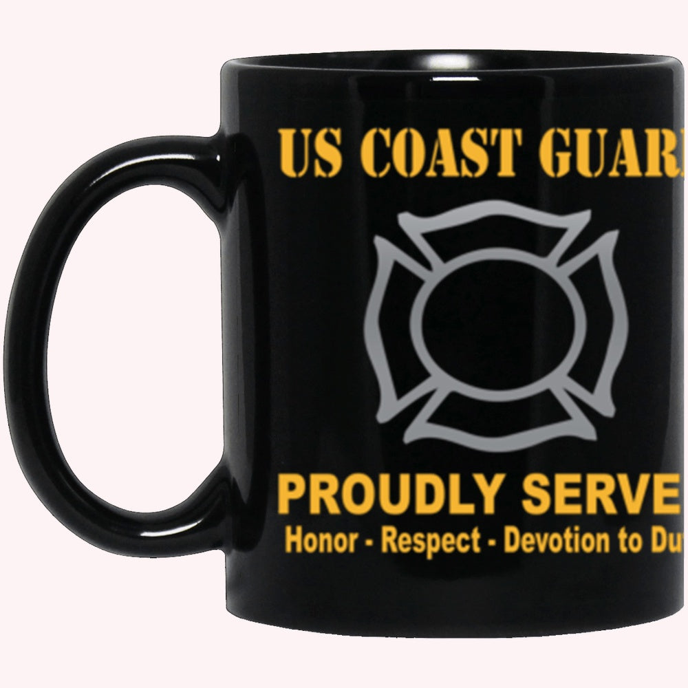 Veterans Mug, USCG Fire and Safety Specialist FF Logo Proudly Served Core Values Black Mug