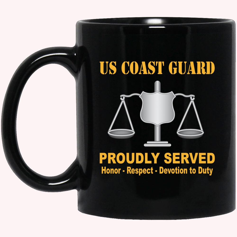 Veterans Mug, USCG INVESTIGATOR IV Logo Proudly Served Black Mug