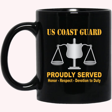 Veterans Mug, USCG INVESTIGATOR IV Logo Proudly Served Black Mug