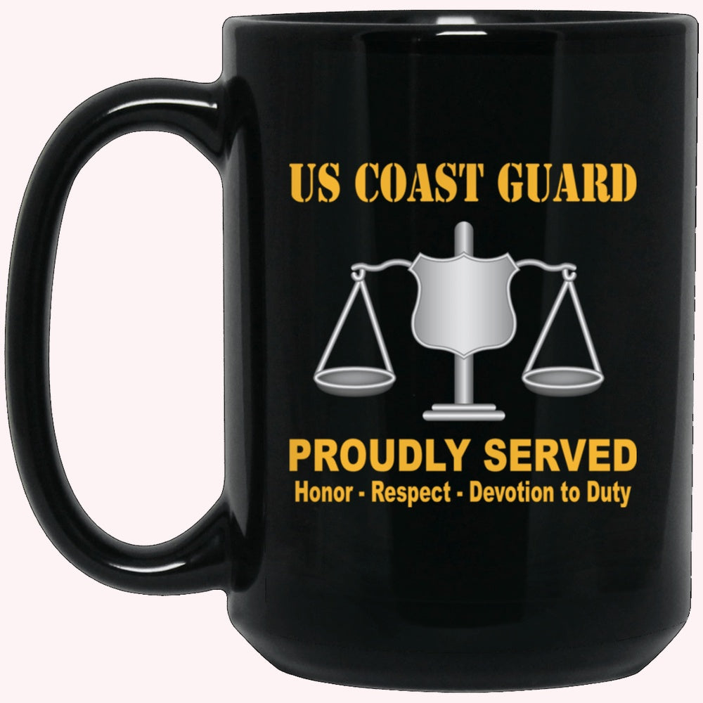 Veterans Mug, USCG INVESTIGATOR IV Logo Proudly Served Black Mug