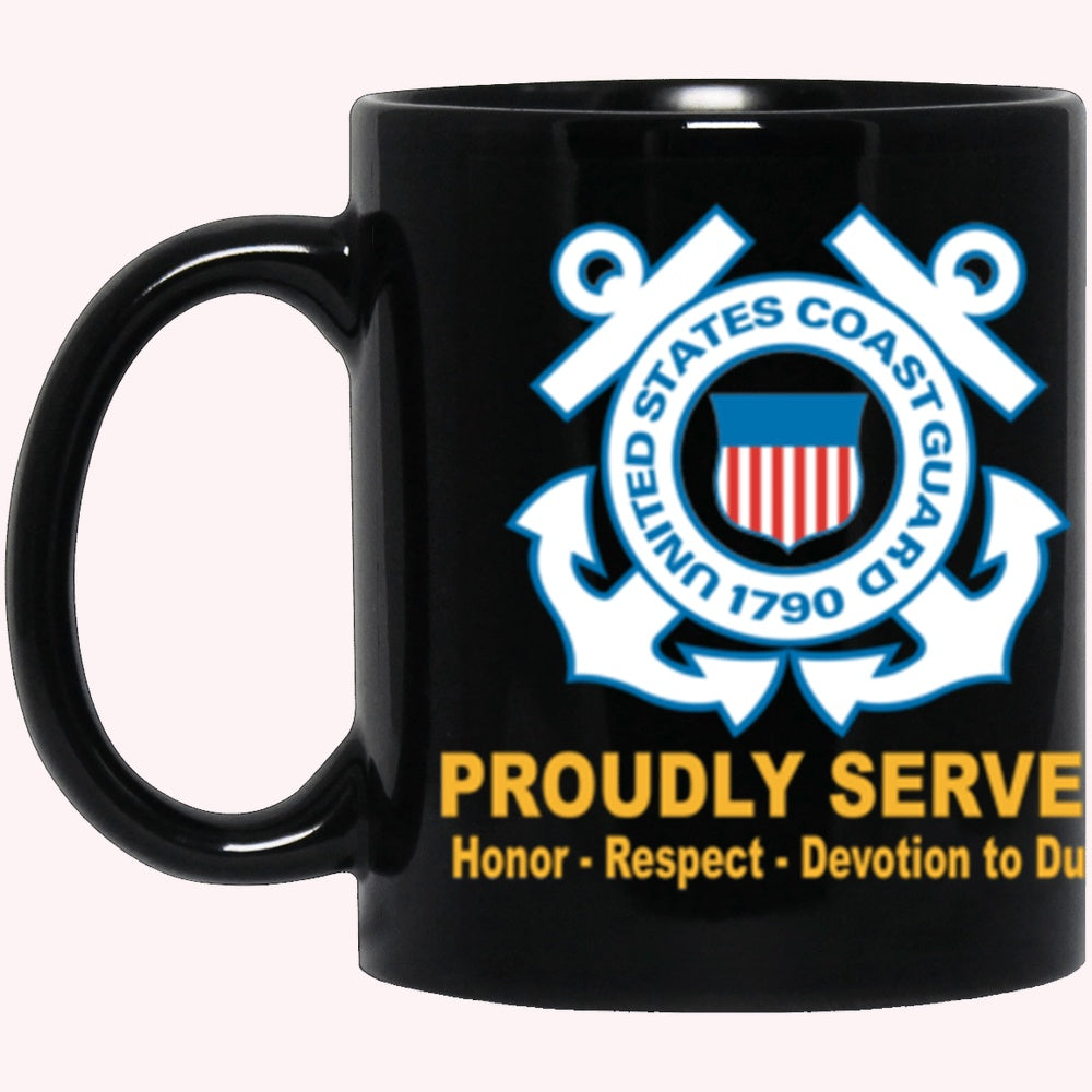 Veterans Mug, USCG Logo Proudly Served Core Values Black Mug