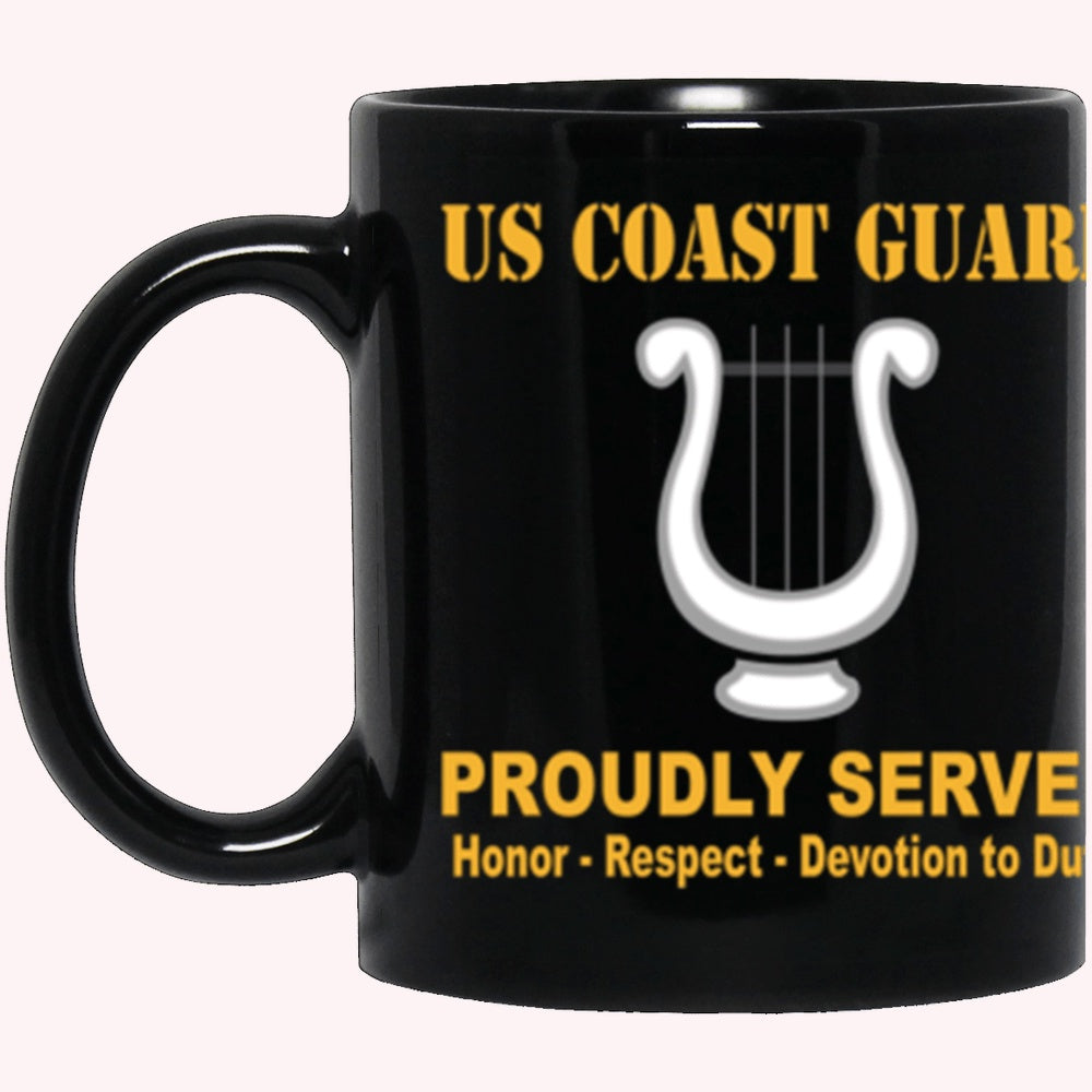 Veterans Mug, USCG Musician MU Logo Proudly Served Core Values Black Mug