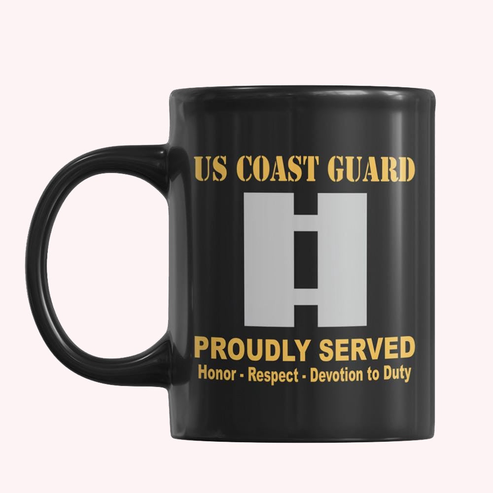 Veterans Mug, USCG O-3 Lieutenant O3 LT Junior Officer Ranks Proudly Served Core Values Black Mug