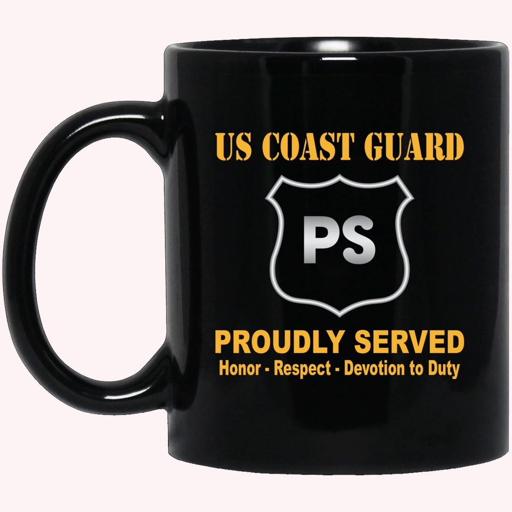 Veterans Mug, USCG PORT SECURITY SPECIALIST PS Logo Proudly Served Black Mug