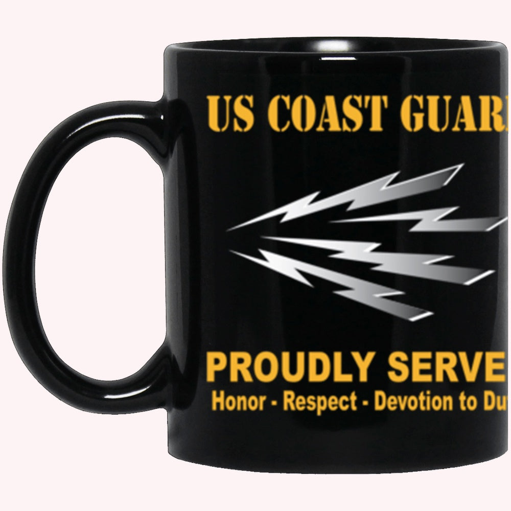 Veterans Mug, USCG Telecommunications Specialist TC Logo Proudly Served Core Values Black Mug