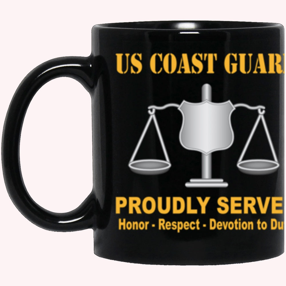 Veterans Mug, USCG USCG INVESTIGATOR IV Logo Proudly Served Core Values Black Mug