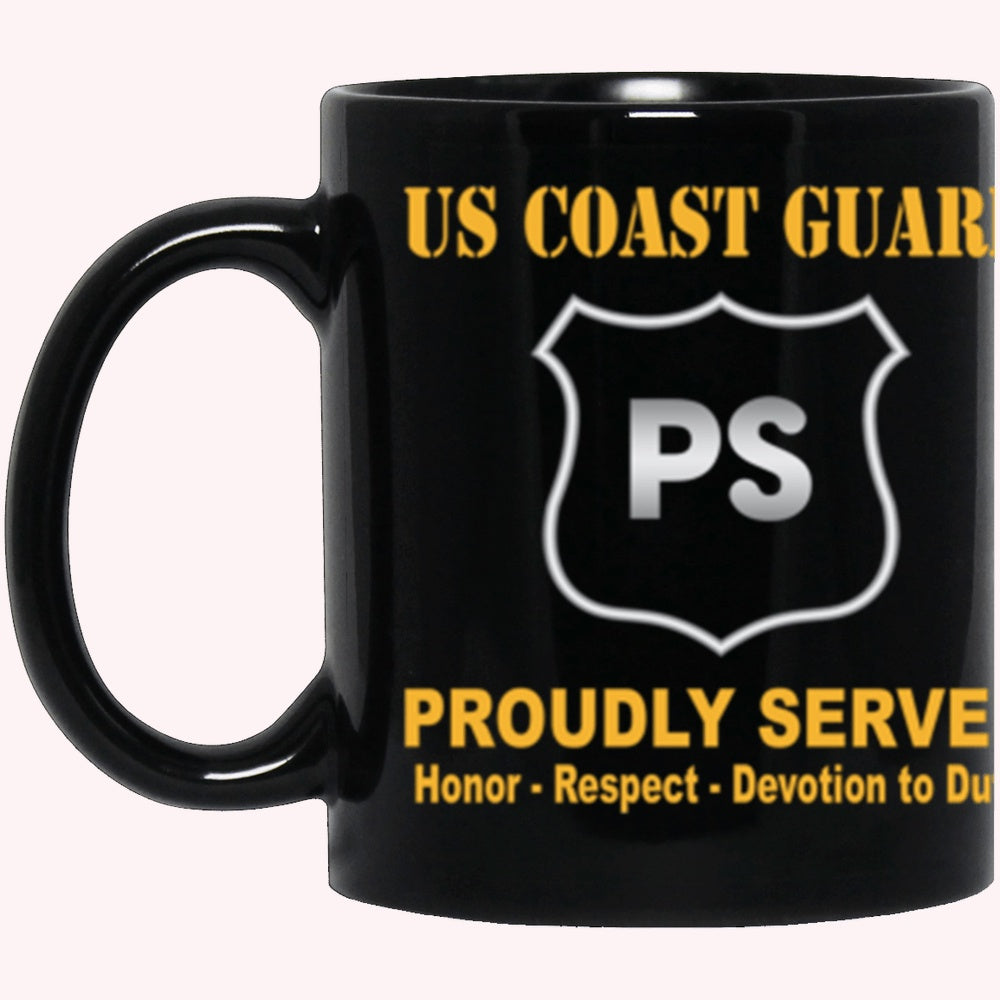 Veterans Mug, USCG USCG PORT SECURITY SPECIALIST PS Logo Proudly Served Core Values Black Mug