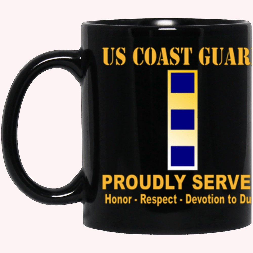 Veterans Mug, USCG W-2 Proudly Served Core Values Black Mug