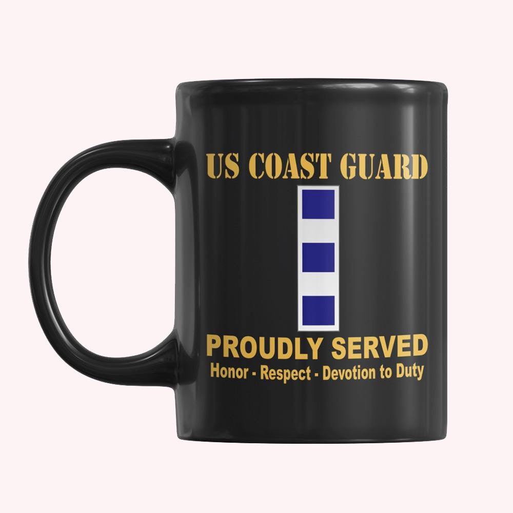 Veterans Mug, USCG W-4 Proudly Served Core Values Black Mug