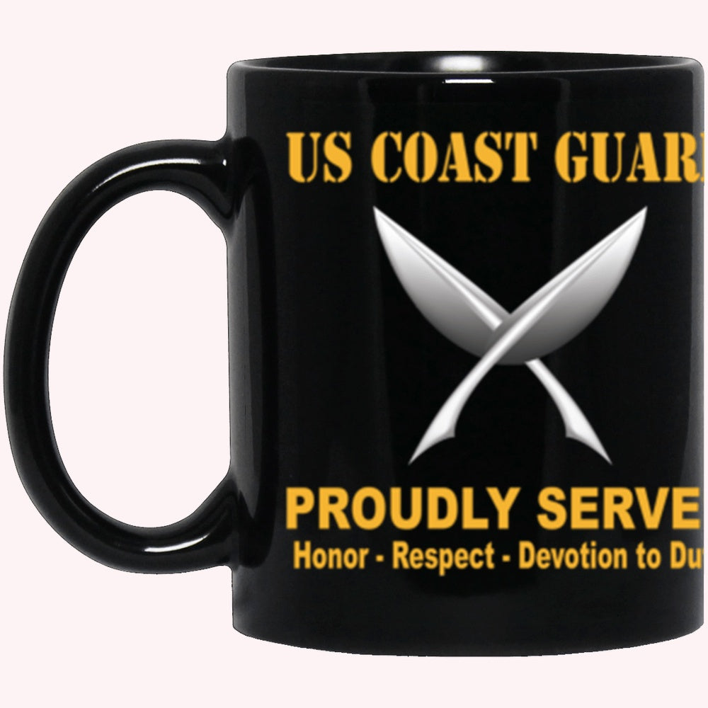 Veterans Mug, USCG Yeoman YN Logo Proudly Served Core Values Black Mug