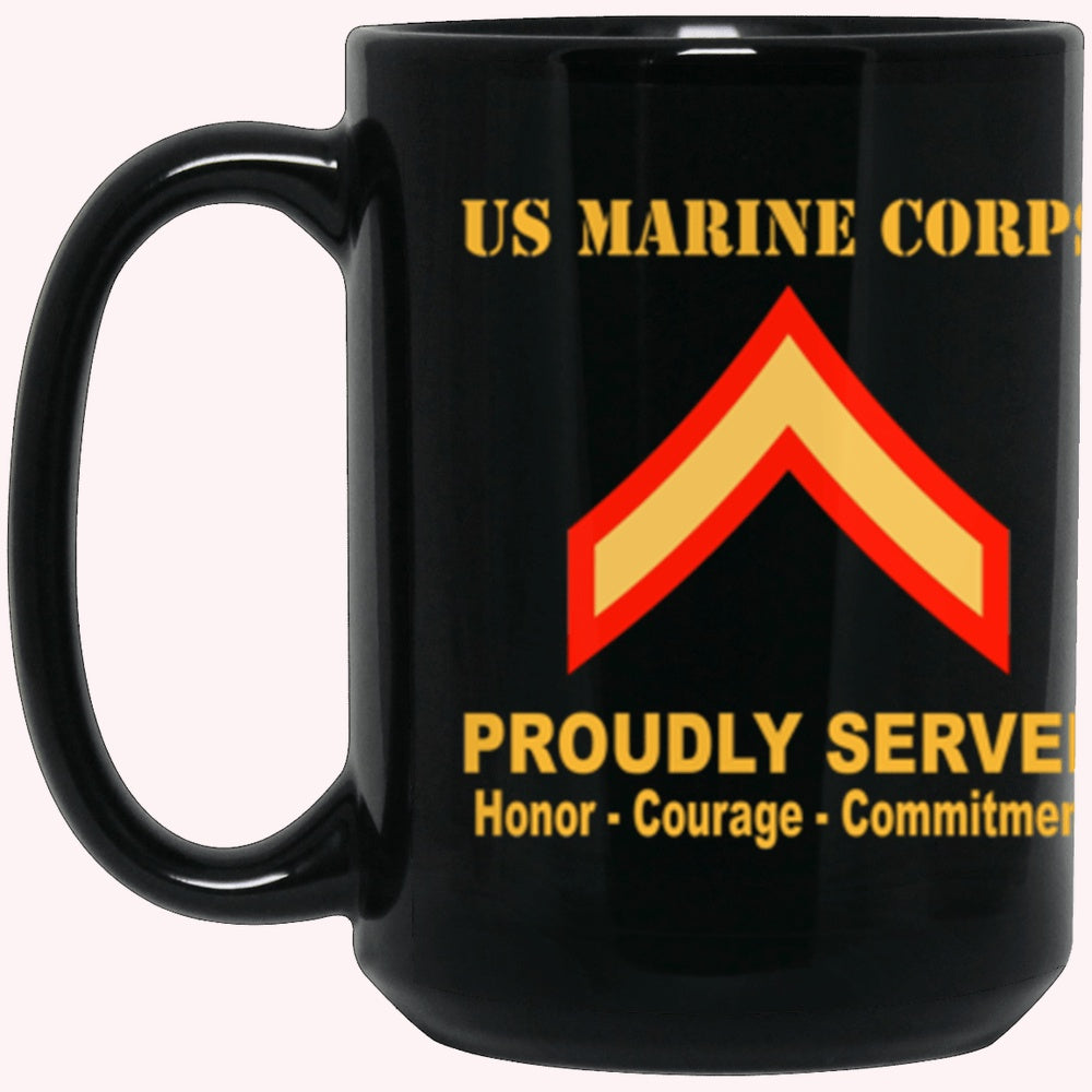 Veterans Mug, USMC E-2 Private First Class E2 PFC Ranks Proudly Served Core Values Black Mug