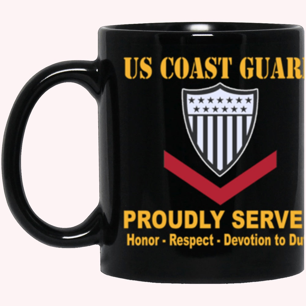 Veterans Mug, US Coast Guard E-4 Petty Officer Third Class E4 PO3 Petty Officer Proudly Served Core Values Black Mug