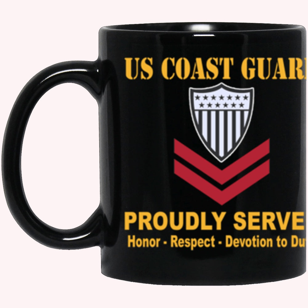 Veterans Mug, US Coast Guard E-5 Petty Officer Second Class E5 PO2 Petty Officer Proudly Served Core Values Black Mug