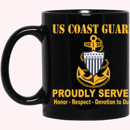 Veterans Mug, US Coast Guard E-7 Chief Petty Officer E7 CPO Chief Petty Officer Collar Device Proudly Served Core Values Black Mug