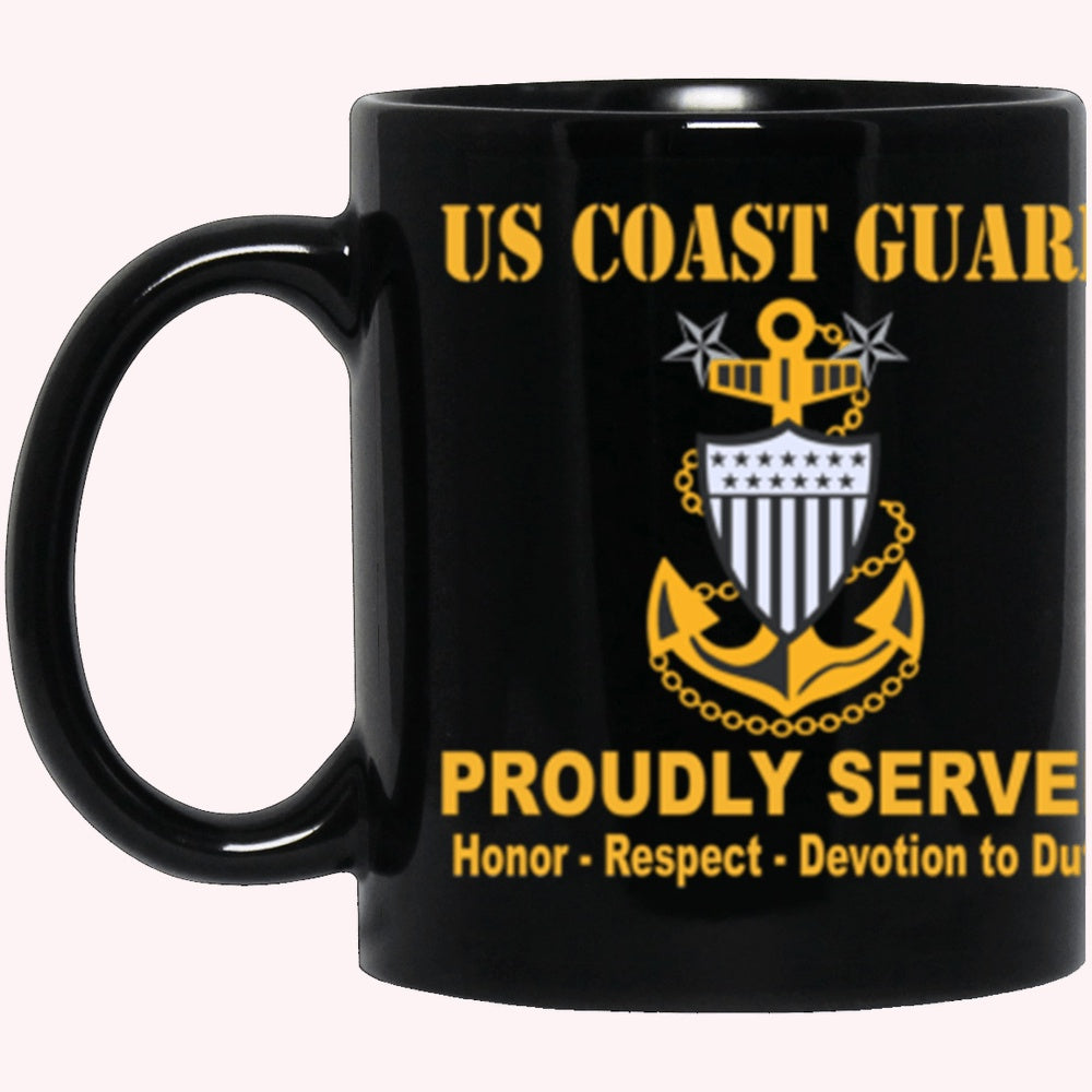 Veterans Mug, US Coast Guard E-9 Collar Device Proudly Served Core Values Black Mug
