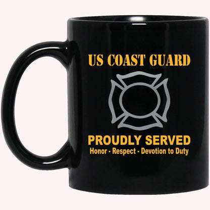 Veterans Mug, US Coast Guard Fire and Safety Specialist FF Logo Proudly Served Black Mug