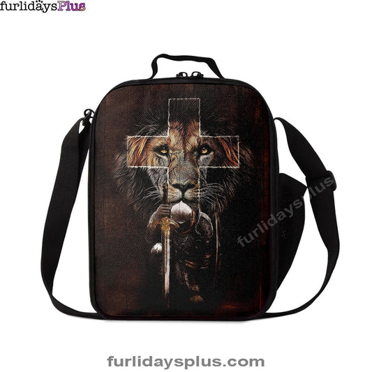 Warrior Black Lion Cross Lunch Bag, Christian Art, Bible Verse Lunch Bag