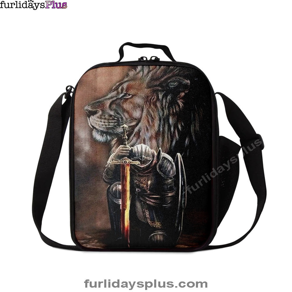 Warrior Knight Kneel And Lion Lunchbag Lunch Bag, Christian Lunchbag, Religious Art