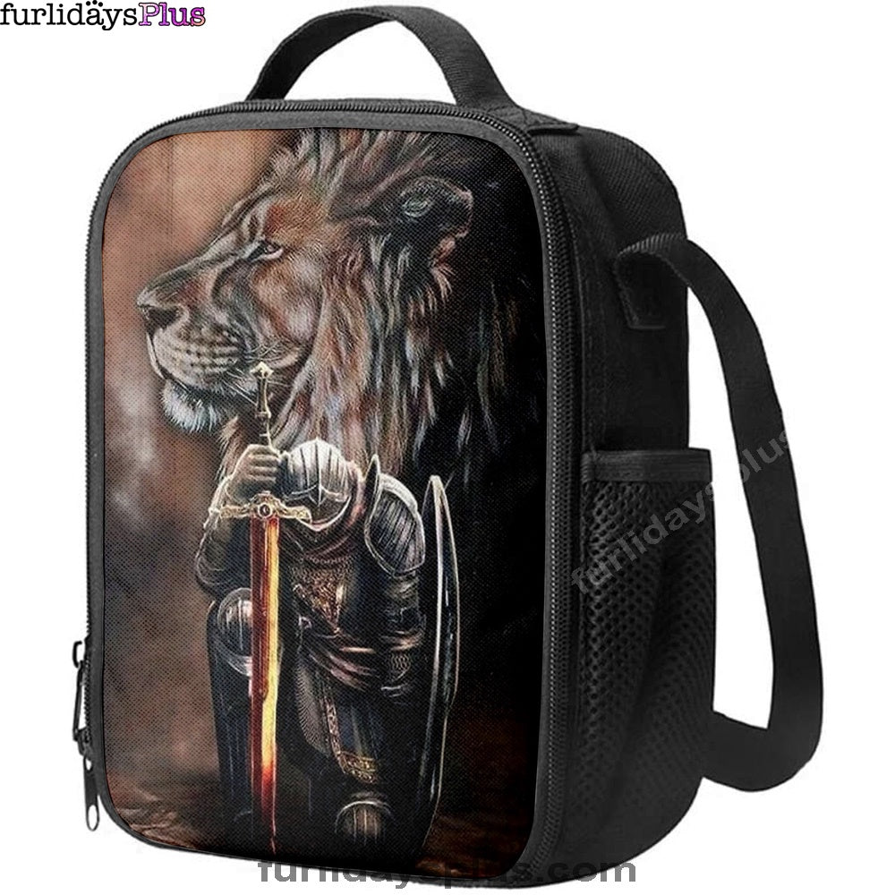 Warrior Knight Kneel And Lion Lunchbag Lunch Bag, Christian Lunchbag, Religious Art