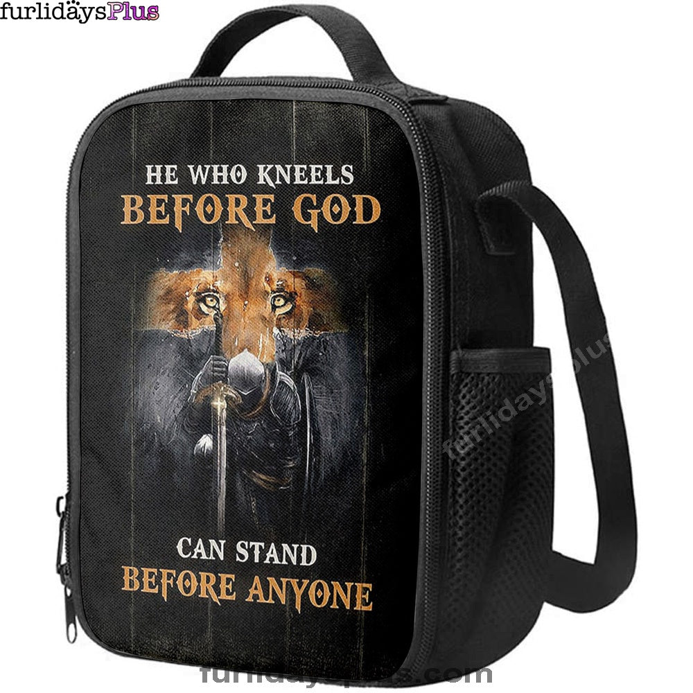 Warrior Lion Cross He Who Kneels Before God Can Stand Before Anyone Lunch Bag, Bible Verse Lunch Bag