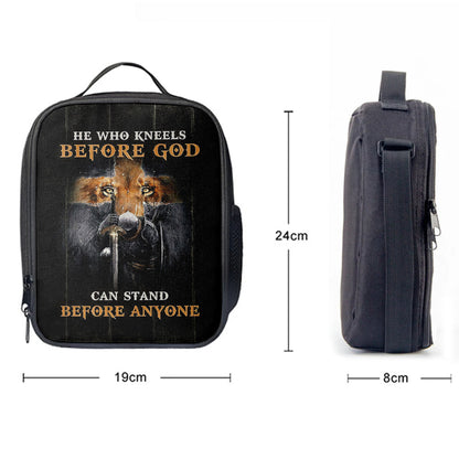 Warrior Lion Cross He Who Kneels Before God Can Stand Before Anyone Lunch Bag, Bible Verse Lunch Bag