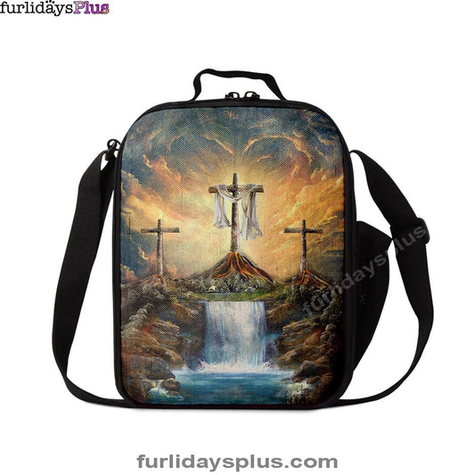 Waterfall Painting Light From Heaven The Three Crosses Lunch Bag, Christian Art, Bible Verse Lunch Bag