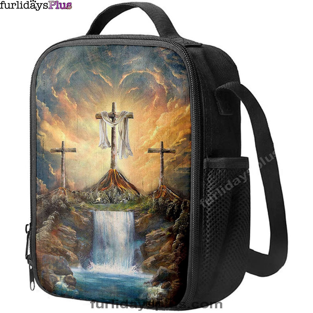 Waterfall Painting Light From Heaven The Three Crosses Lunch Bag, Christian Art, Bible Verse Lunch Bag