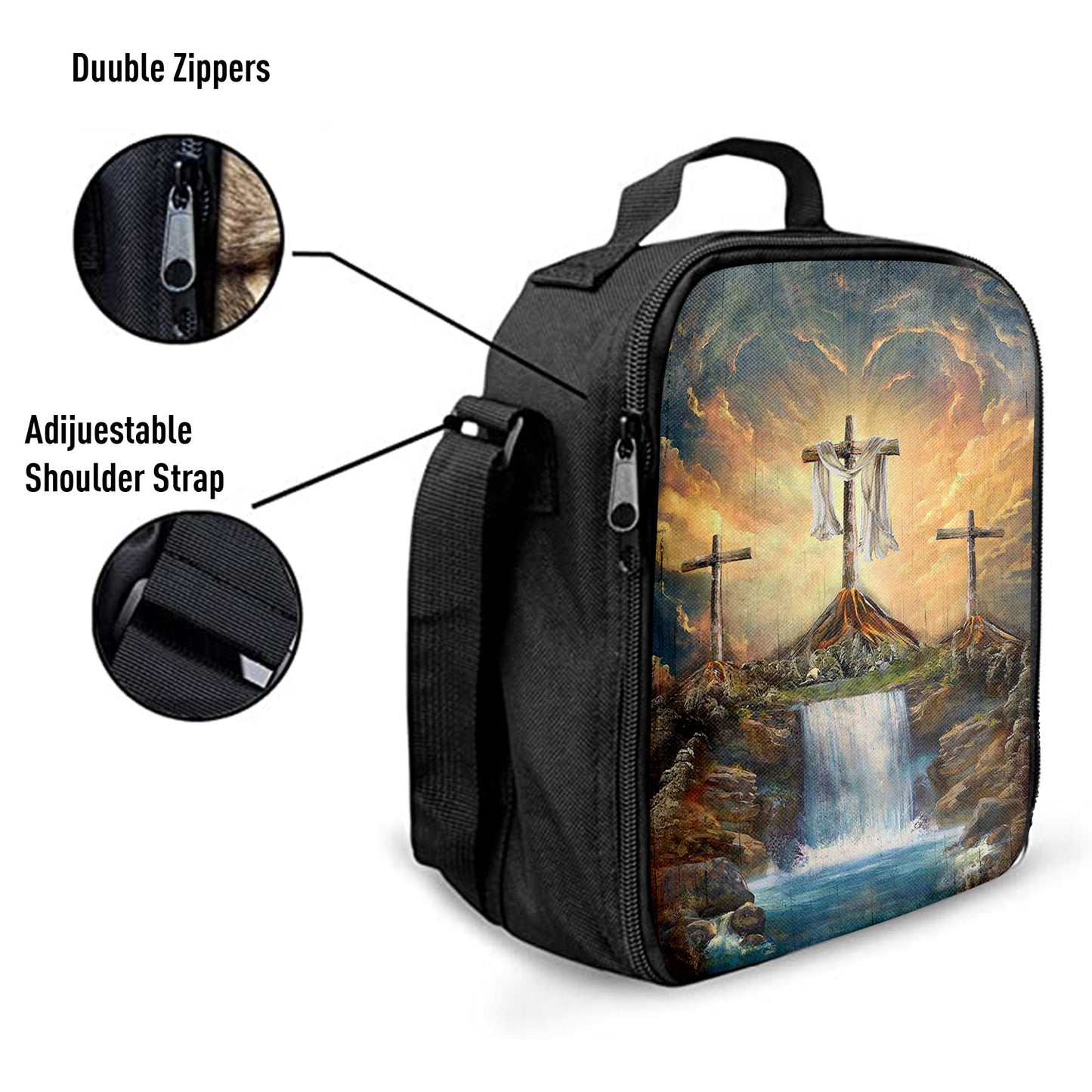Waterfall Painting Light From Heaven The Three Crosses Lunch Bag, Christian Art, Bible Verse Lunch Bag
