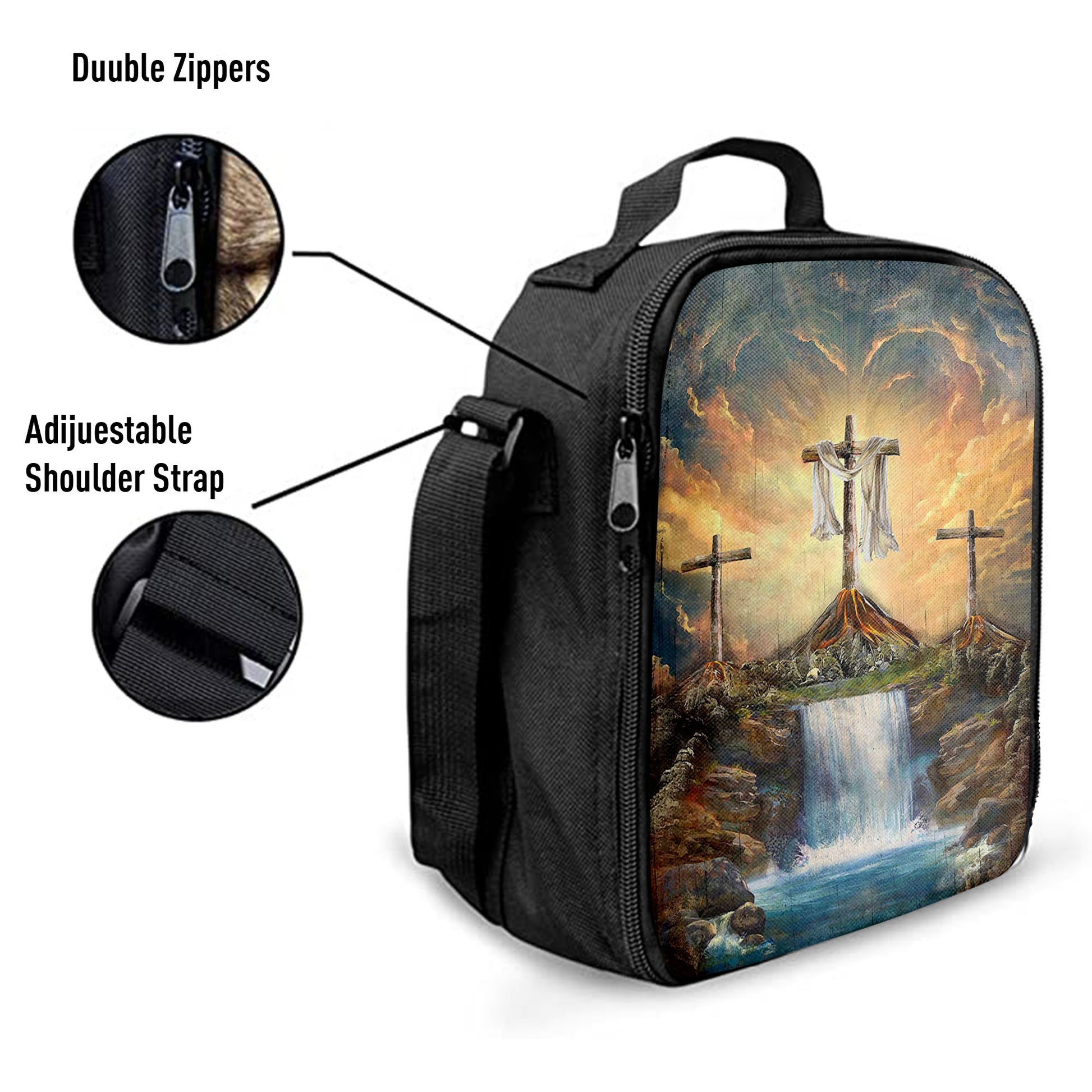 Waterfall Painting Light From Heaven The Three Crosses Lunch Bag, Christian Art, Bible Verse Lunch Bag