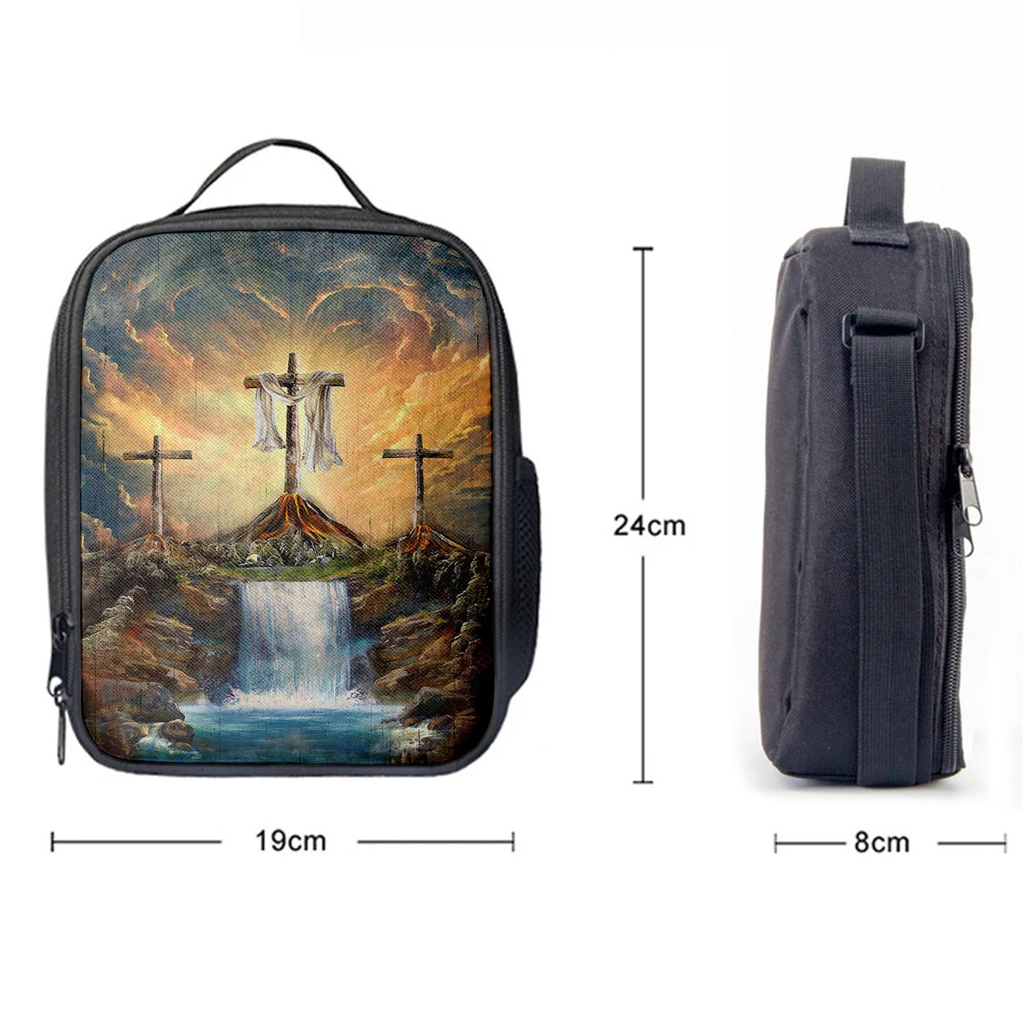 Waterfall Painting Light From Heaven The Three Crosses Lunch Bag, Christian Art, Bible Verse Lunch Bag