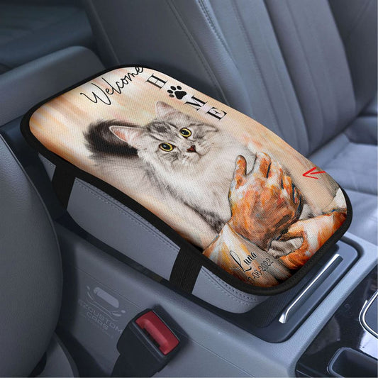 Welcome Home Jesus With Cat Car Armrest Seat Cover, Cat In The Arms of Jesus Car Center Console Covers, Cat Loss Gift, Customized Cat Photos