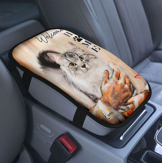 Welcome Home Jesus With Cat Car Center Console Cover, Cat In The Arms of Jesus Armrest Pad Cover, Cat Loss Gift