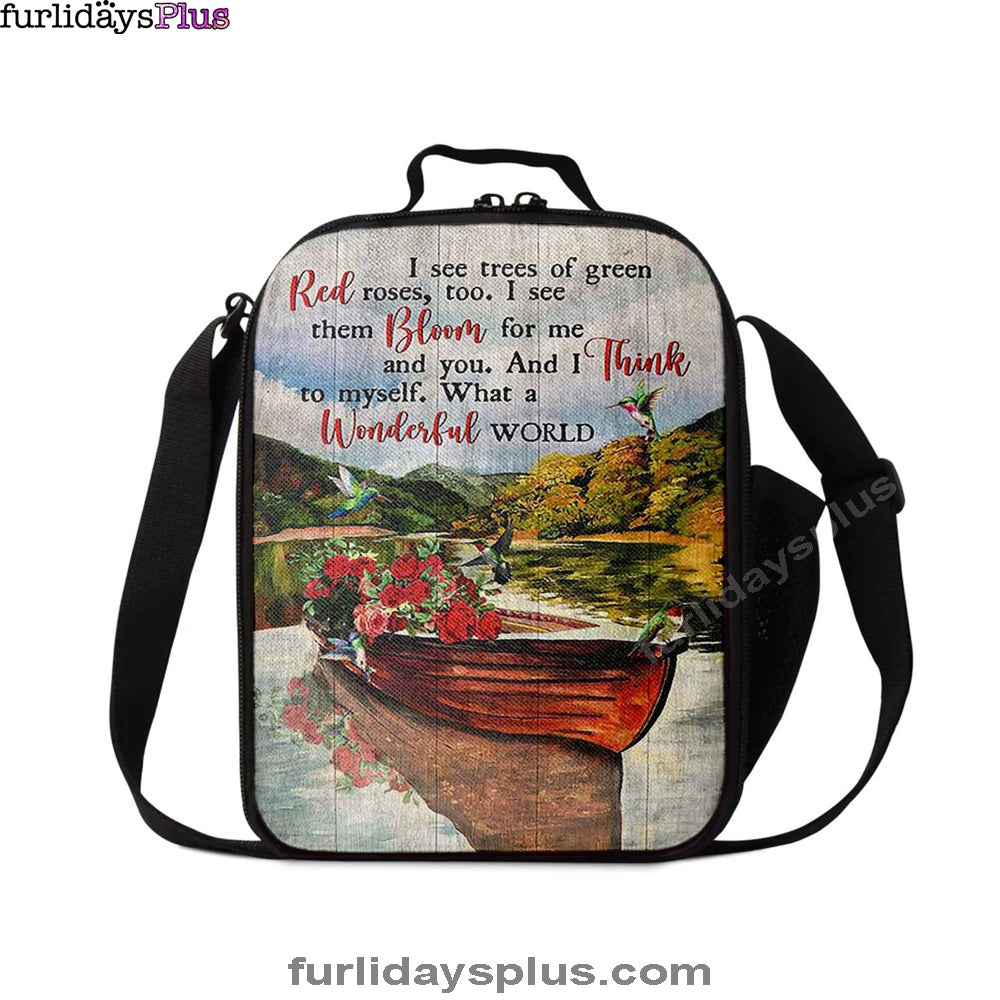 What A Wonderful World Boat Red Rose Lake Lunchbag Lunch Bag, Christian Lunchbag, Bible Verse Lunch Bag