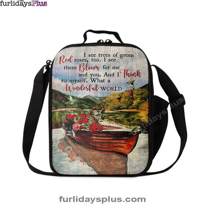 What A Wonderful World Boat Red Rose Lake Lunchbag Lunch Bag, Christian Lunchbag, Bible Verse Lunch Bag