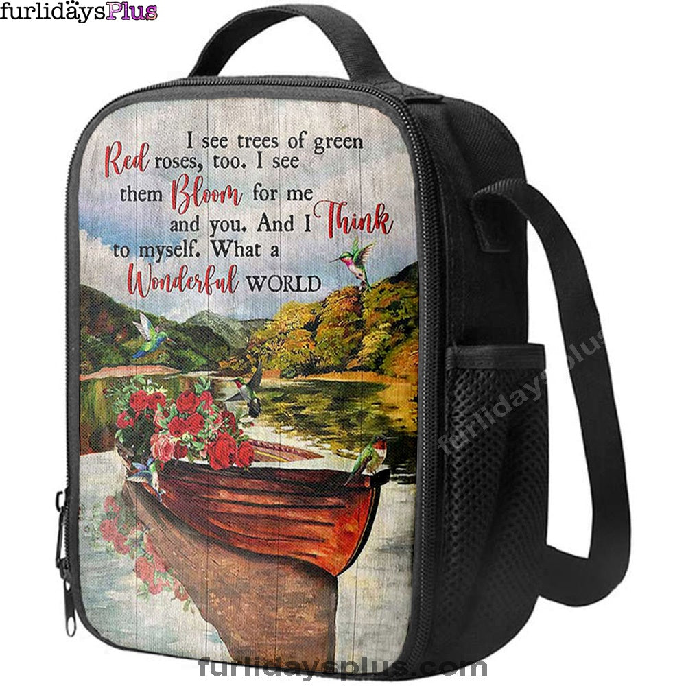 What A Wonderful World Boat Red Rose Lake Lunchbag Lunch Bag, Christian Lunchbag, Bible Verse Lunch Bag