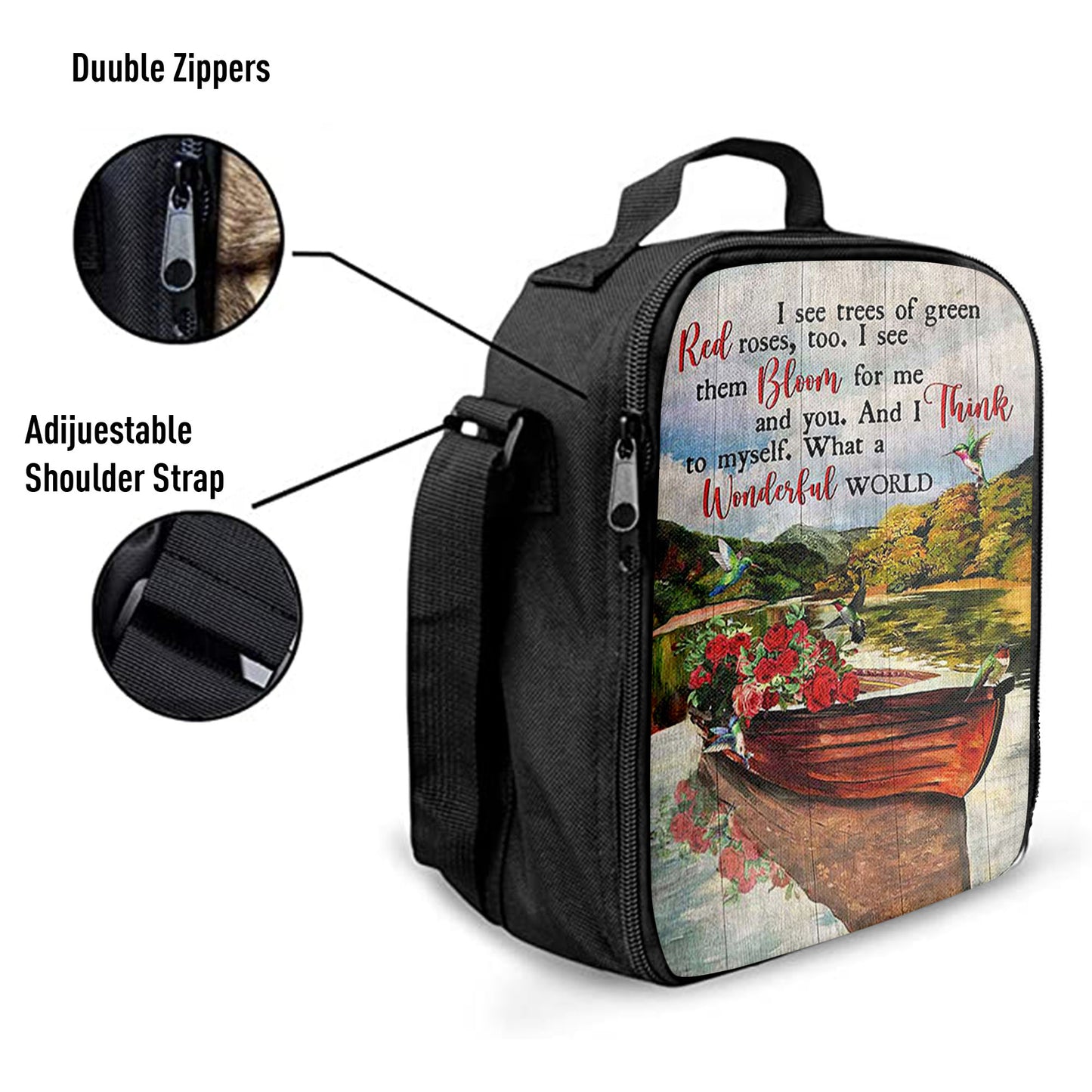 What A Wonderful World Boat Red Rose Lake Lunchbag Lunch Bag, Christian Lunchbag, Bible Verse Lunch Bag